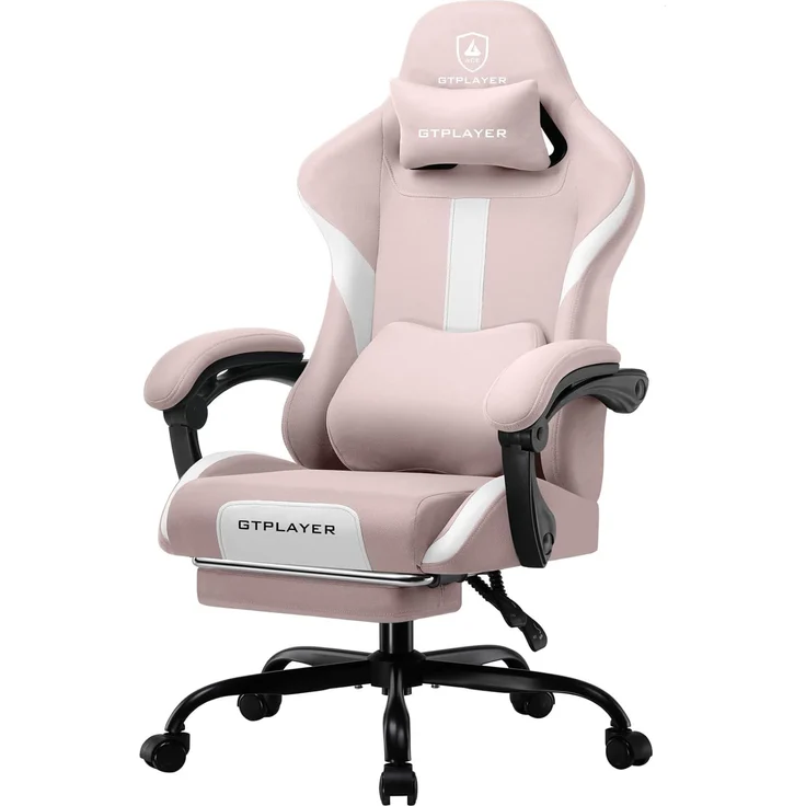 GTPLAYER Gaming Stuhl Bürostuhl Ergonomisch Gaming Sessel mit Kopfstütze und Cloud-Lendenkissen, Gepolstert Gaming Chair mit Fußstütze, Drehsessel,150kg Kapazität, Rosa