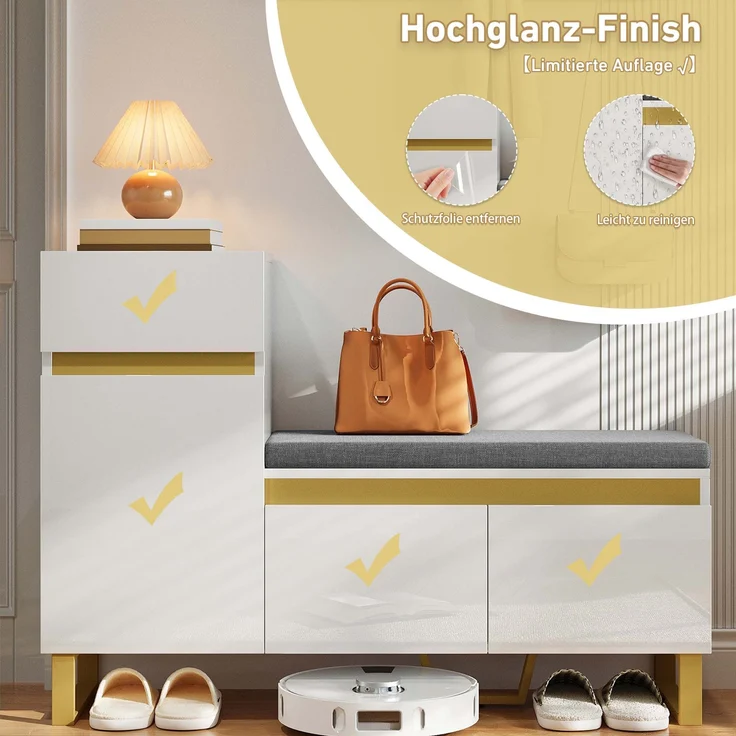 Schuhschrank MDF mit Sitzbank & Schublade, 120x35x85 cm, Weiß – Bild 9
