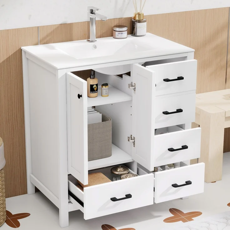 76*46*82 cm, freistehender Badezimmerwaschtisch, komplett lackiert, mehrere Schubladen zur Aufbewahrung, verstellbare Regalböden, integriertes Keramikwaschbecken, weiß. – Bild 3