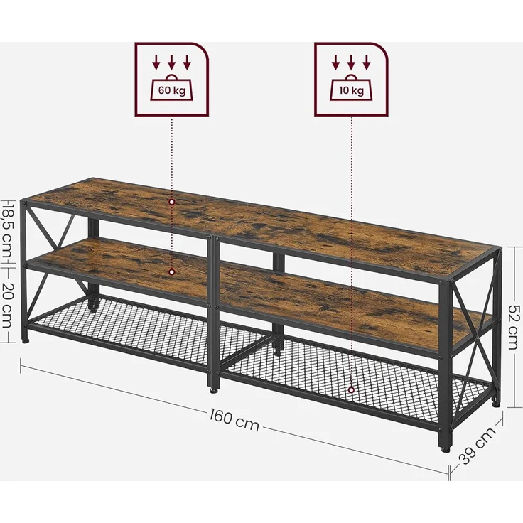TV-Ständer, TV-Tisch für Fernseher bis 70 Zoll, mit Regalen, Stahlrahmen, Wohnzimmer-, Schlafzimmermöbel, rustikales Bra – Bild 5