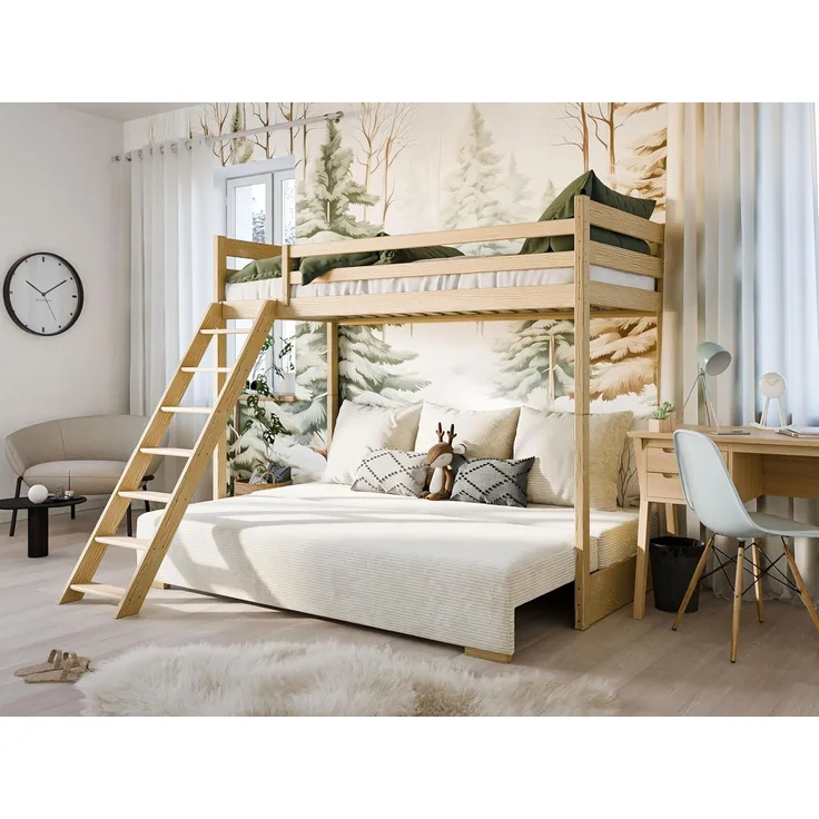 Kids Collective Hochbett 90x200 cm mit Schlafsofa 140x200 cm Couch in Cord-Stoff, 3 Kissen (Stockbett mit Leiter und Schlafcouch 200x140) OEKO-TEX100 mit 3 Kissen Sofa Etagenbett natur 200x90 Creme