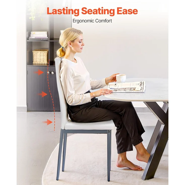 VEVOR moderner Esszimmerstuhl (6 STK.) eleganter gepolsterter Leder-Beistellstuhl (136 kg belastbar) für Esstische, platzsparender Küchentischstuhl mit dicken Kissen & Metallbeinen, Weiß Cafeteria – Bild 2