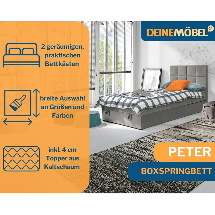 Deine Möbel 24 Boxspringbett Boxbett Polsterbett Komplettbett Jugendbett PETER (Hotelbett Bett für Jugendliche inkl. Kaltschaum-Topper 4 cm, 100x200 120x200 Hellgrau Graphit Rosa Pink), inkl. Bonnell-Federkernmatratzen Matratzen H3 Grau Beige Blau – Bild 4