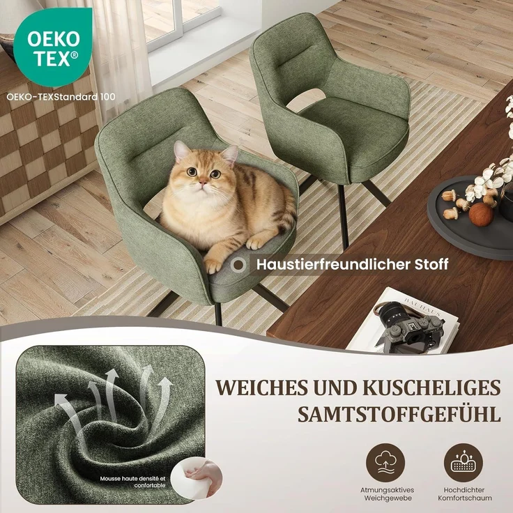 COLAMY Drehbare Esszimmerstühle 6er Set mit Armlehnen, Drehbare Polsterstühle für Küche & Esszimmer aus weichem Florstoff mit Metallgestell und Rückenlehne, für Esszimmer, Küche, Büro,Grün – Bild 5
