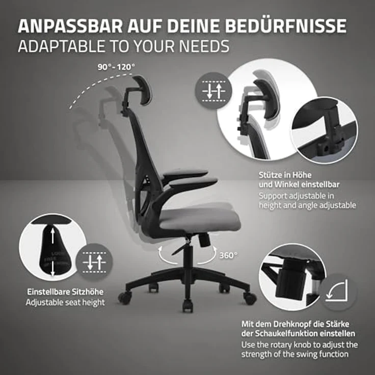 ML-DESIGN Ergonomischer Schreibtischstuhl, Grau, 1-Sitzer mit Netzrücken, 60.5x121x60 cm, ideal für Arbeitszimmer und Büros – Bild 5