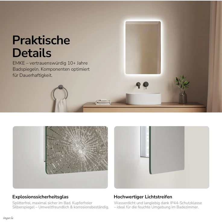 EMKE LED Badspiegel mit Beleuchtung Kaltweiß/Warmweiß Beschlagfrei 60x40cm Knopfschalter Wandspiegel – Bild 6