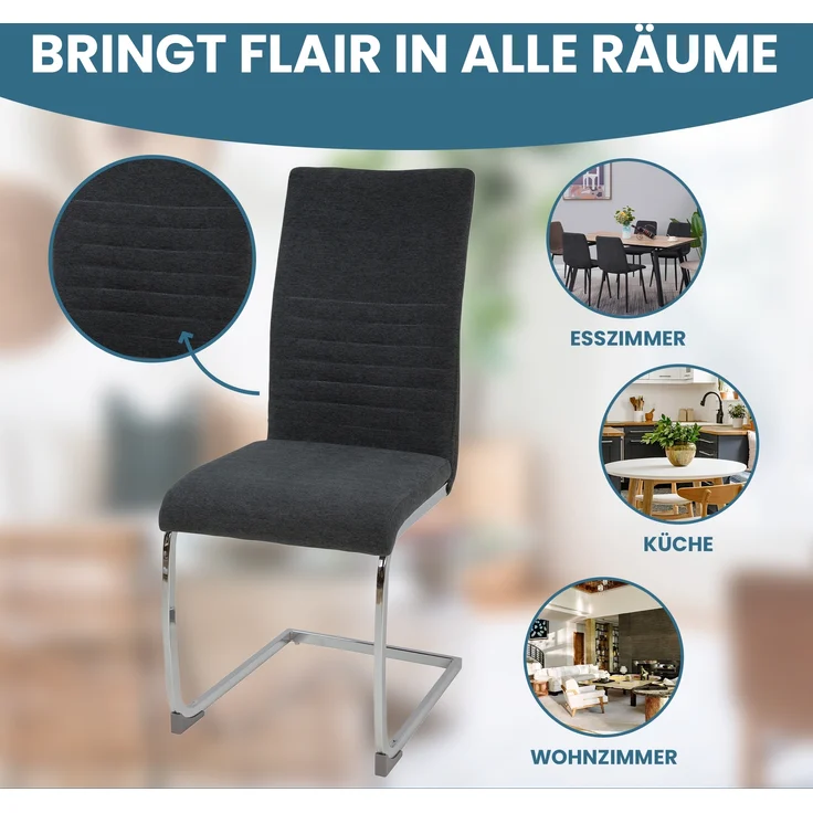 Freischwinger Stühle 4er Set LUGANO, Grau - Esszimmerstuhl Schwingstuhl mit modernem Design, Stoff-Bezug, dicke Polsterung - Küchenstuhl, Polsterstuhl, Stuhl Esszimmer oder Esstisch Stuhl – Bild 4