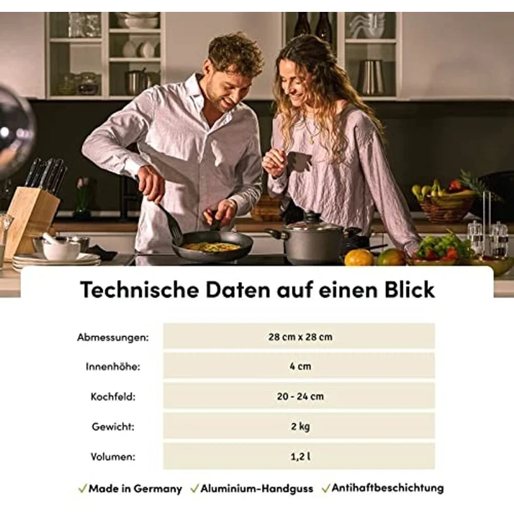 Hoffmann Germany Grillpfanne Steakpfanne Aluguss eckig 28x28 cm mit Deckel – Made in Germany, Aluguss (Set, 2-tlg, 1x Grillpfanne 28x28 cm + 1x Glasdeckel), Grillstreifen, abnehmbarer Griff, Antihaft, backofenfest, Induktion – Bild 2