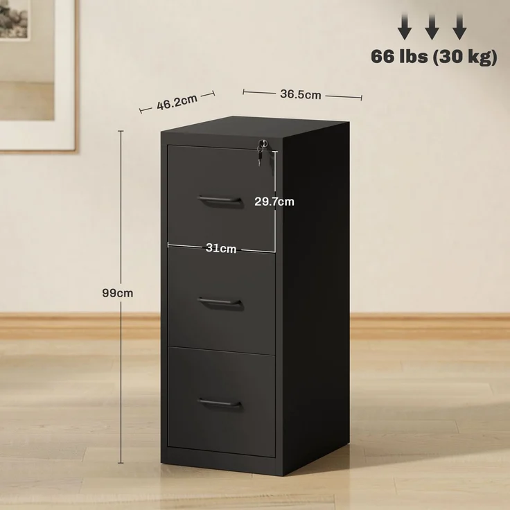 Minimalistischer Aktenordner mit 3 Schubladen und verstellbarer Leiste, aus Stahl, 36,5 x 46,2 x 99 cm, schwarz – Bild 5