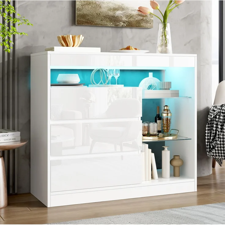 Sideboard 90 x 35 x 80 cm mit 3 Schubladen, Glasböden und LED-Beleuchtung – Weiß Hochglanz – Bild 1