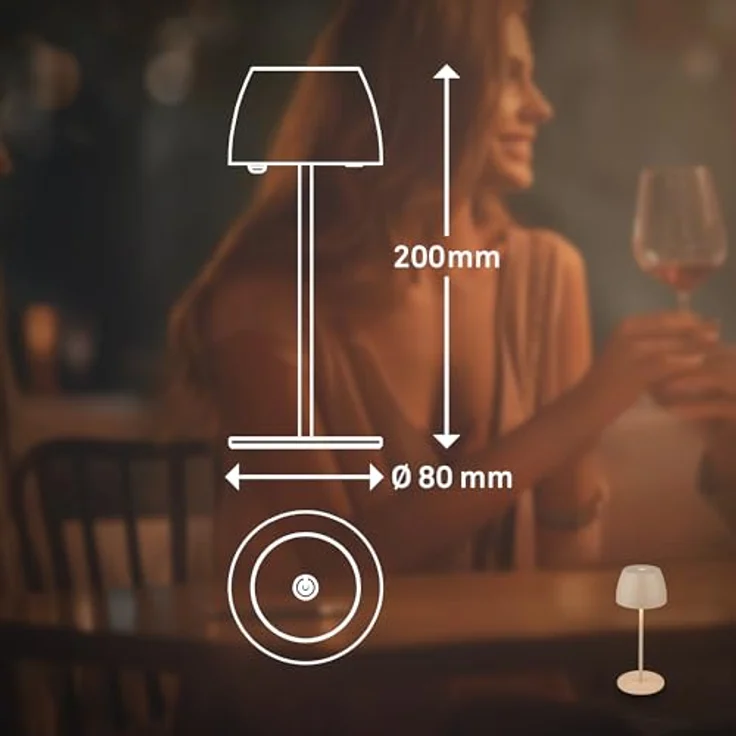 BRILONER - Mini LED Tischlampe kabellos IP44 mit Touch, stufenlos dimmbar, Akku & Lichtquelle tauschbar, Nachttischlampe, Dekolampe, LED Lampe, Akku Tischleuchte, Outdoorlampe, 8x20 cm (DxH), Beige – Bild 9
