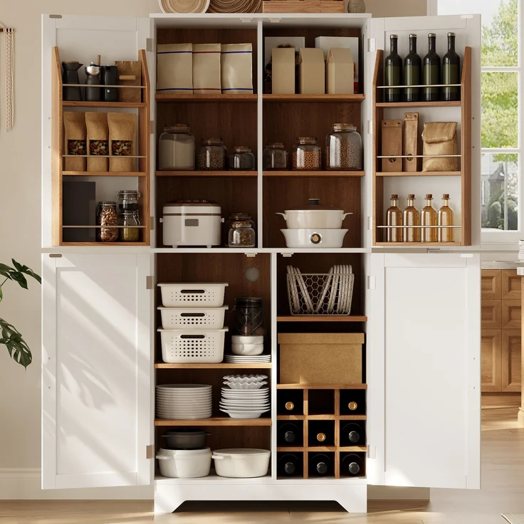 Küchenschrank, hoher Stauraumschrank mit 4 Scheunentor-Türen, Vorratsschrank mit Weinregal und Türregal, Aufbewahrungsschrank für Wohnzimmer und Esszimmer, 80 × 40× 180 cm – Bild 2