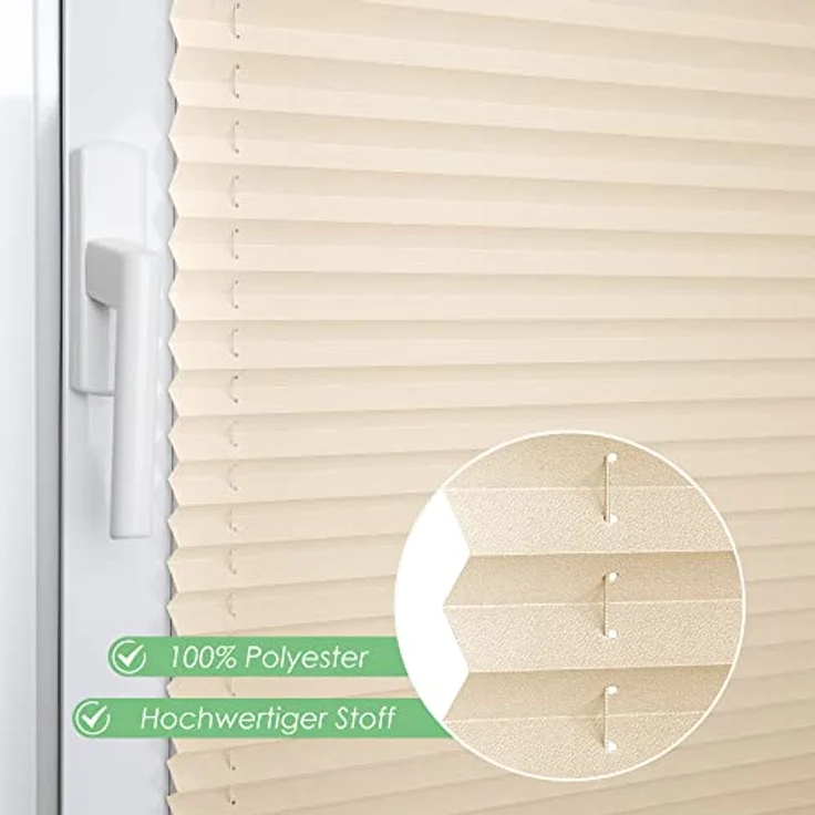 bobodeco Plissee ohne Bohren Klemmfix Faltrollo Jalousie Creme 100x130 cm (BxH), Plisseerollo Sichtschutz und Sonnenschutz Blickdicht Easyfix lichtdurchlässig Rollo für Fenster & Tür – Bild 3