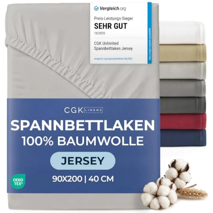 Spannbettlaken Jersey 90x200 - Baumwolle Boxspringbett 40cm tief - Hellgrau | Spannbetttuch, Rundumgummi, Dehnbar, Weich, Atmungsaktiv, Knitterfrei, Pflegeleicht, Baumwoll-Jersey, Bis 40cm, OEKO-TEX – Bild 1
