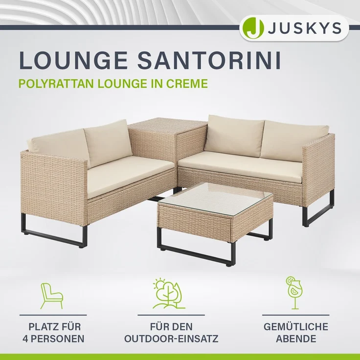 Juskys Outdoor Polyrattan Lounge Santorini - Gartenlounge mit Beistelltisch & Auflagenbox - Gartenmöbel Set Rattan Sitzecke wetterfest - Creme – Bild 2