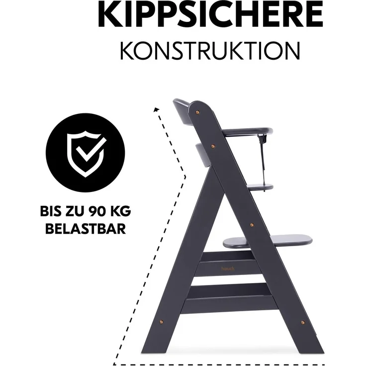 Hauck Kinder Hochstuhl Alpha+ - Mitwachsender Holz Babystuhl (FSC zertifiziert), Kinderhochstuhl ab 6 Monate, verstellbar, mit Schutzbügel, Schrittgurt in Lederoptik und 5-Punkt-Gurt - Dunkelgrau – Bild 4