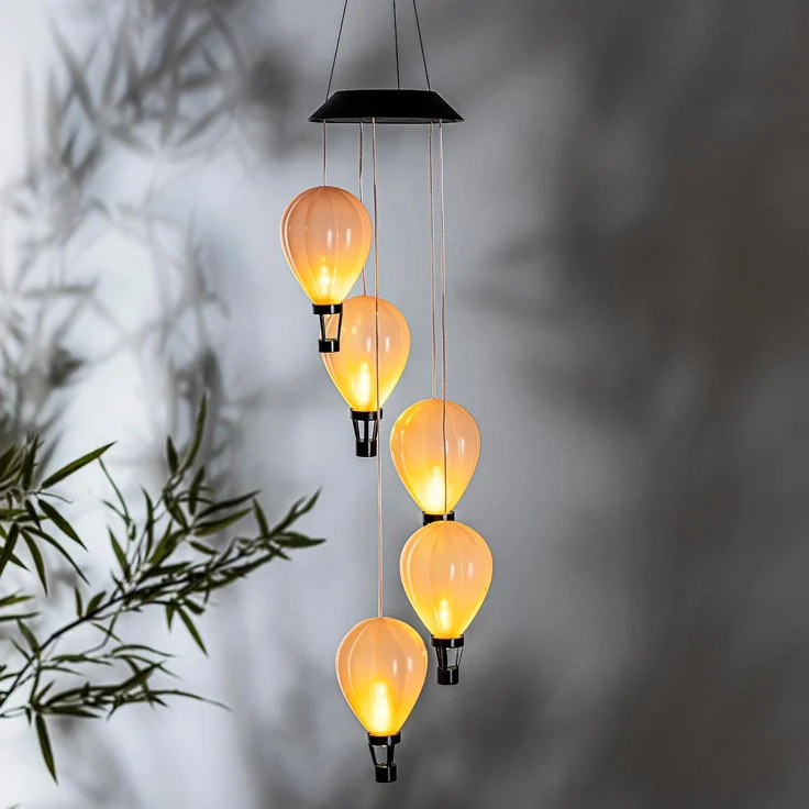 Spetebo LED Dekolicht Solar LED Windspiel mit 5 beleuchteten Heißluftballons - 82 cm, Solar betrieben, LED fest integriert, warm weiß, warm weiß mit Flammeneffekt – Bild 6