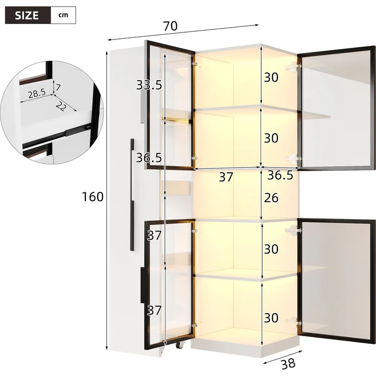 Vitrine 70x38x160 cm in Weiß mit Hartglas, Ausziehregalen und LED – Bild 5