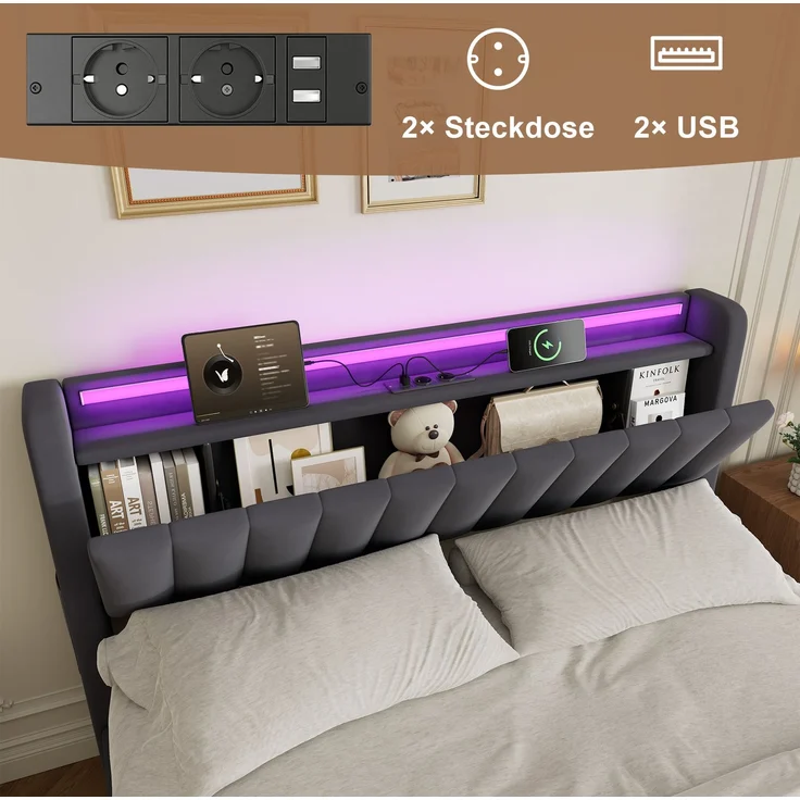 Polsterbett 160 x 200 cm aus Samt mit Stauraum, USB-Anschluss und LED-Beleuchtung, Dunkelgrau – Bild 8