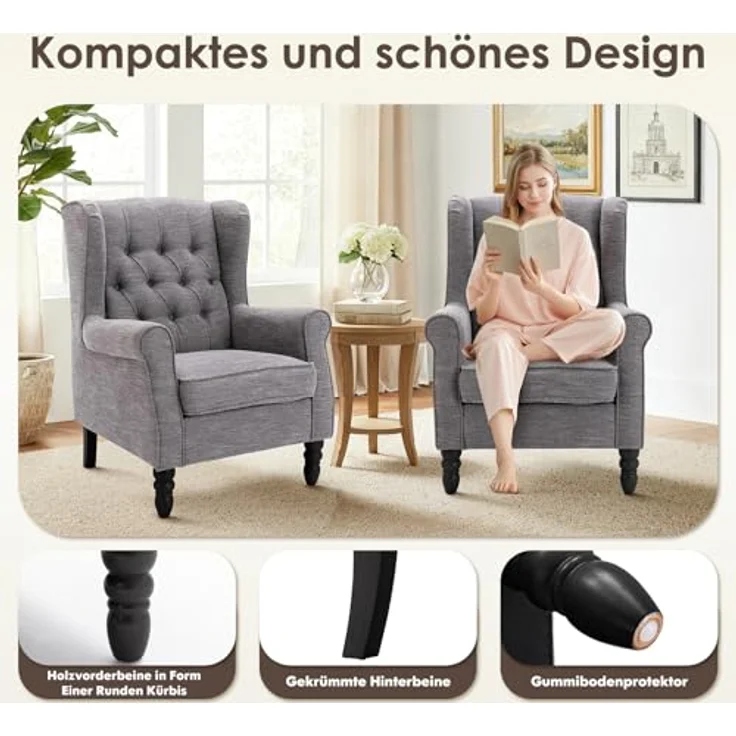 COLAMY Mid-Century Modern Sessel Wohnzimmer, Gepolsterter Wingback-Sessel mit Knopfsteppung, loungesessel Bezug aus Gewebe mit Massivholzbeinen für Wohnzimmer, Büro, Café - Dunkelgrau – Bild 3