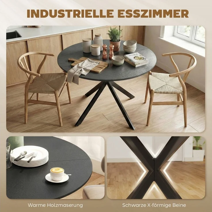 HOMCOM Esstisch Küchentisch im Industriestil mit Stahlbeinen für 4 Personen (für Esszimmer, Küche, Wohnzimmer, 1-St, rund, 100 x 100 x 75 cm), Schwarz – Bild 4