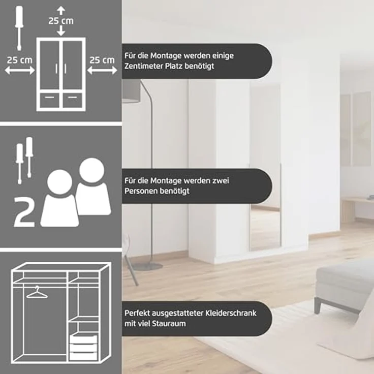 Rauch Möbel Alabama, Kleiderschrank für Schlafzimmer, Kinderzimmer, Wohnzimmer, Garderobe, Flur, 6-türig, Spiegel, mit Zubehör Basic, Farbe Grau metallic, Schwarz, Breite 271 cm – Bild 5