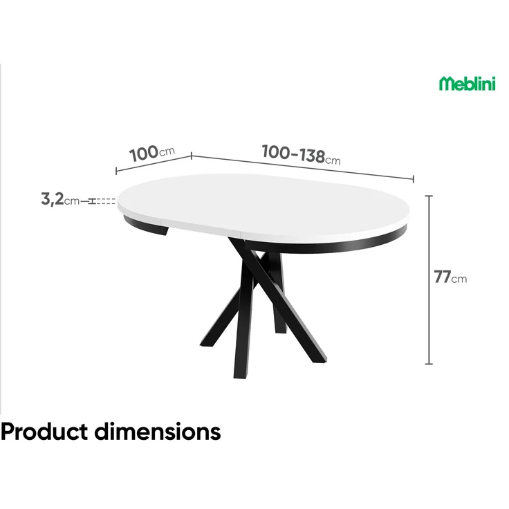 MEBLINI Esstisch Rund Ausziehbar aus Metall - 100-138x77cm - CHRIS - Weiß Matt/Schwarz Matt - Loft - Esszimmertisch Modern - Küchentisch - Ausziehtisch - Round Dining Table - Esszimmertische - Weiß Matt/Schwarz Matt – Bild 7