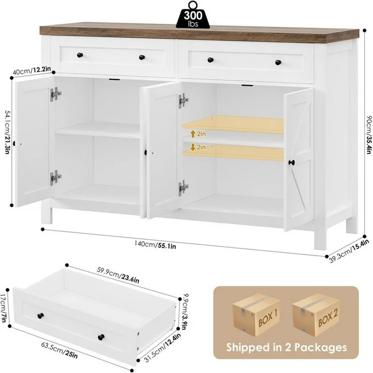 HOMECHO Buffet Küchenschrank mit Arbeitsplatte, 2 Schubladen und 4 Türen