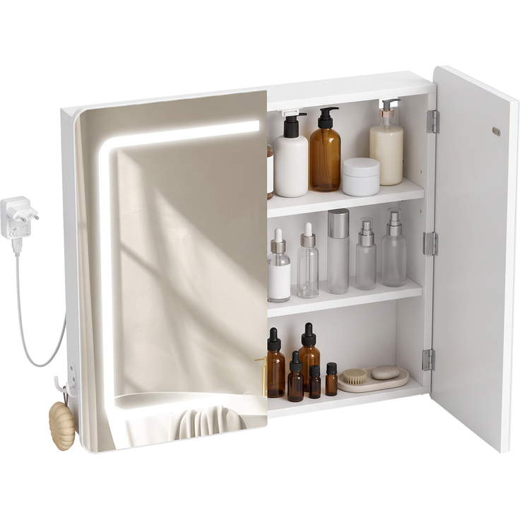 Halupeit Weißer, hochauflösender Spiegelschrank mit dreifarbiger LED-Beleuchtung, verstellbaren Einlegeböden, Föhnhalterung und Haken, 70,5 x 17 x 60,5 cm – Bild 2