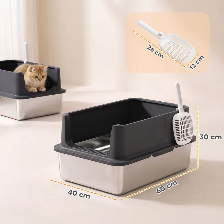 PawHut Katzentoilette, Edelstahl, Kunststoff, Schwarz, 60L x 40B x 30H cm – Bild 3