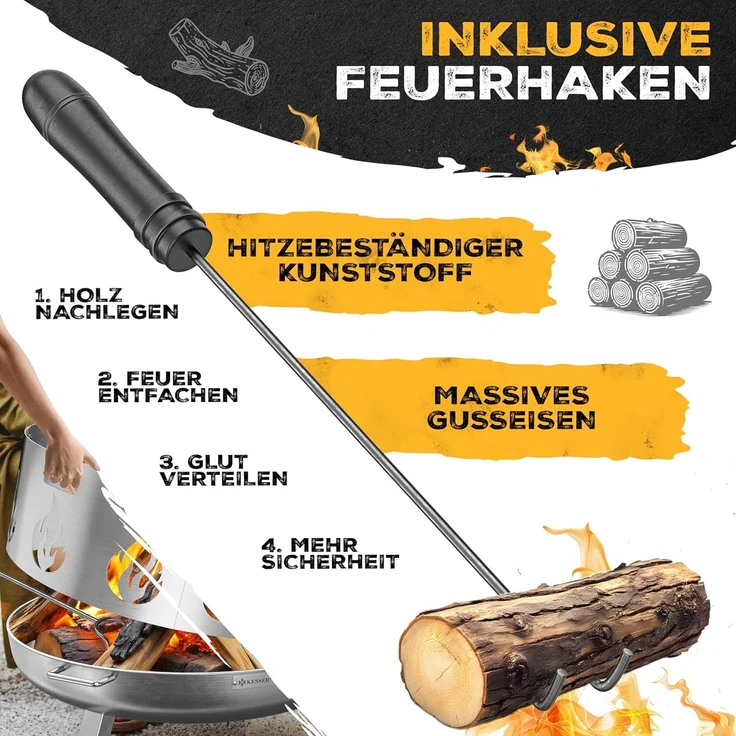 KESSER® Feuerschale mit 2,5 mm Stahldicke Feuerkorb aus Edelstahl / Stahl inklusive 42cm Feuerhaken aus Gusseisen, Wasserablauf & 2 stabile Griffe für Holz & Kohle Feuerstelle für Garten & Terrasse Ø 60 cm, Edelstahl + Funkenschutz – Bild 5