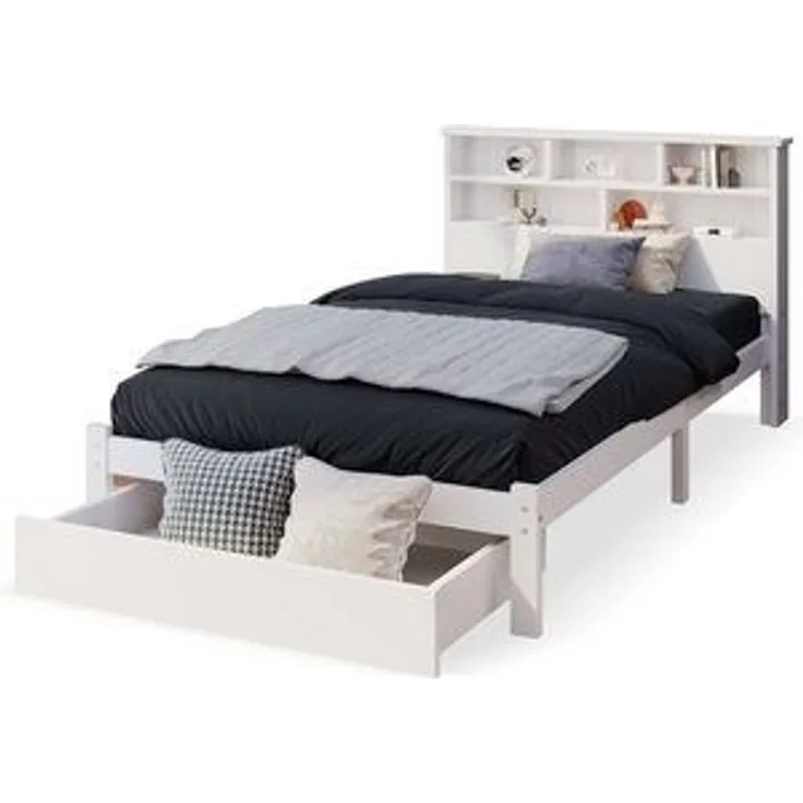 BlingBin Einzelbett Jugendbett (1-tlg, mit Schubladen und Bücherregal 90x200cm), Lattenrost, Kiefer-Massivholz+MDF