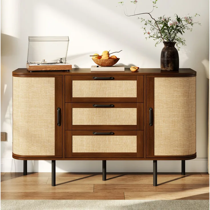 DESVIAE Sideboard Nussbaum-Optik aus MDF – 120x82x40 cm – 2 Schwenktüren, 3 Schubladen