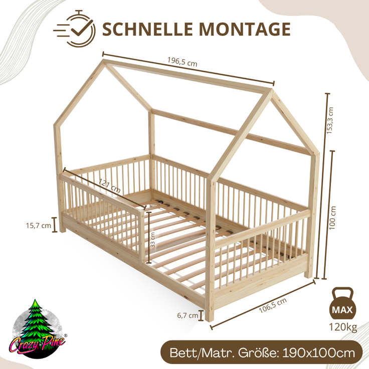Crazy Pine 'Crazy Folly' Hausbett mit hohem Rausfallschutz, Holz natur, 100x190 cm – Bild 2