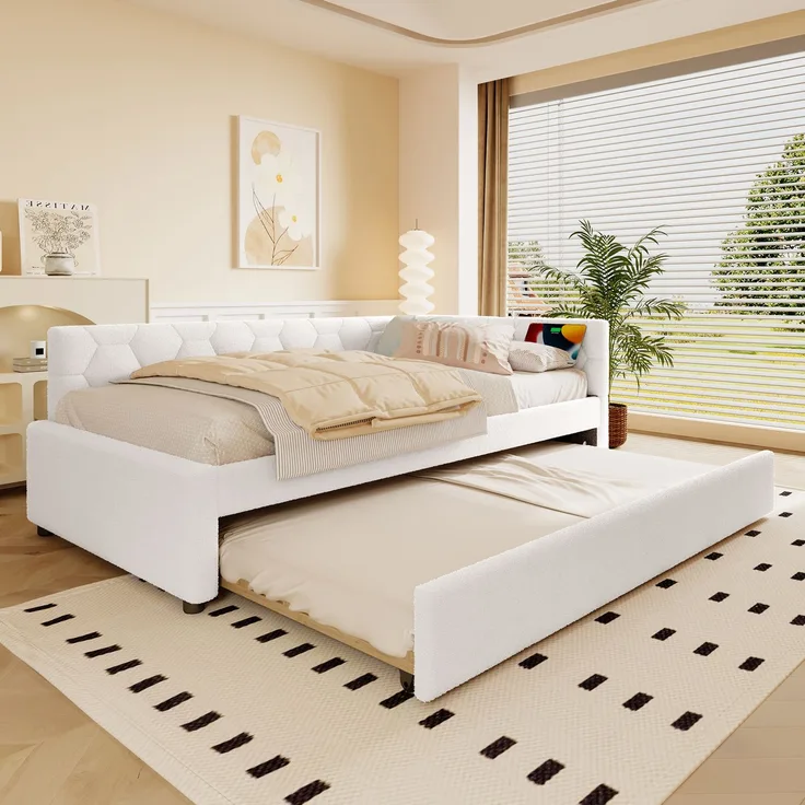 Daybett, 90*200cm Tagesbett, Schlafsofa, Bett mit Lattenrost (ohne Matratze), mit Nachttischlampe, mit multifunktionalem Ausziehbett, USB-Anschluss, Typ-C, Komfortmaterial, Boucle, Weiß