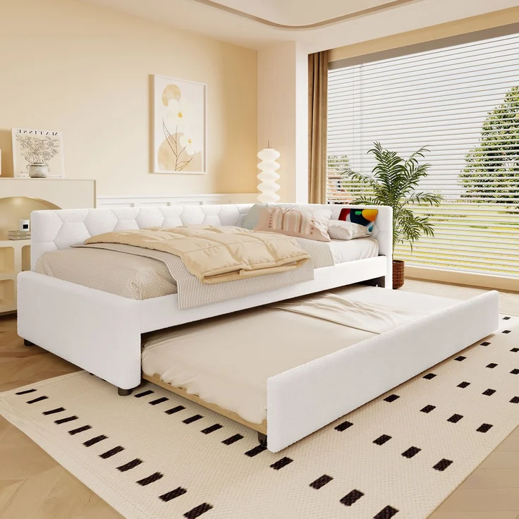 Daybett, 90*200cm Tagesbett, Schlafsofa, Bett mit Lattenrost (ohne Matratze), mit Nachttischlampe, mit multifunktionalem Ausziehbett, USB-Anschluss, Typ-C, Komfortmaterial, Boucle, Weiß – Bild 1
