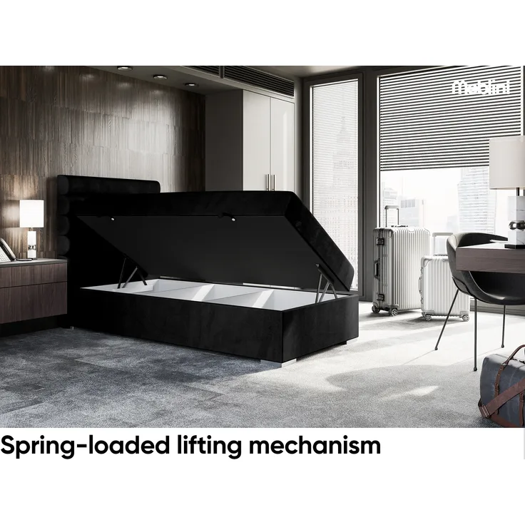 MEBLINI Boxspringbett KARIM 90x200 cm mit Bettkasten - H3/Schwarz Samt Gepolstert Einzelbett mit Topper & Taschenfederkern-Matratze - 90x200 Links