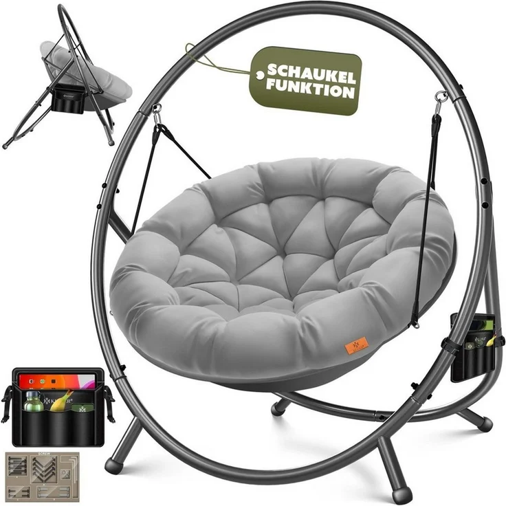 KESSER® Hängesessel mit Gestell BALI Hängeschaukel Hängestuhl bis 150kg für Indoor und Outdoor + Kissen & Seitentasche Hängekorb Stahlgestell & Schaumstoff Sitzpolster ideal für Wohnzimmer & Garten Grau – Bild 1