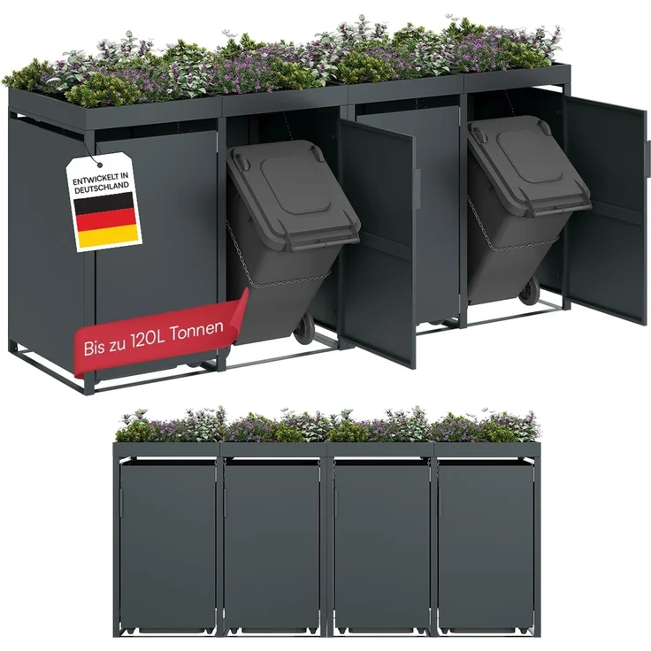 STEELSØN 'Thoria' Mülltonnenbox 4er je 120 Liter, anthrazit, Mülltonnenverkleidung aus Stahl, wetterfest, 111x62x234 cm, Müllbox mit Pflanzendach für 4 Tonnen – Bild 1