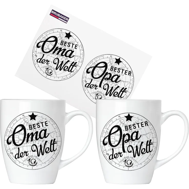 BRUBAKER Tasse 2er-Set Motivtassen "Beste Oma" und "Bester Opa", 4-tlg, Keramik, 2x Kaffeebecher in Geschenkpackung mit Grußkarte - für Großeltern