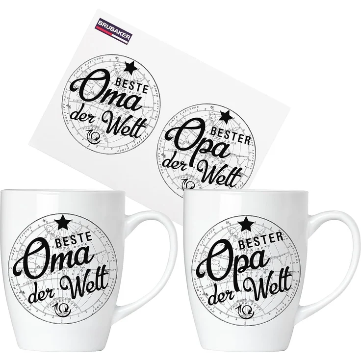 BRUBAKER Tasse 2er-Set Motivtassen "Beste Oma" und "Bester Opa", 4-tlg, Keramik, 2x Kaffeebecher in Geschenkpackung mit Grußkarte - für Großeltern