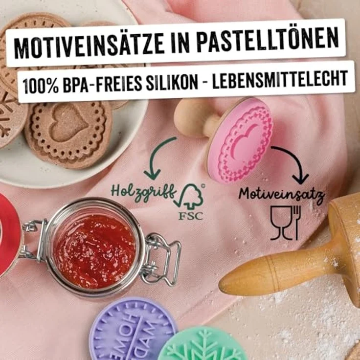 Trodat Keksstempel Set Home Made, Ø ca. 6 cm, Holzstempel, 3 wechselbare Silikon-Motiveinsätze, rostfreier Edelstahl-Ausstechring, spülmaschinenfest – Bild 7