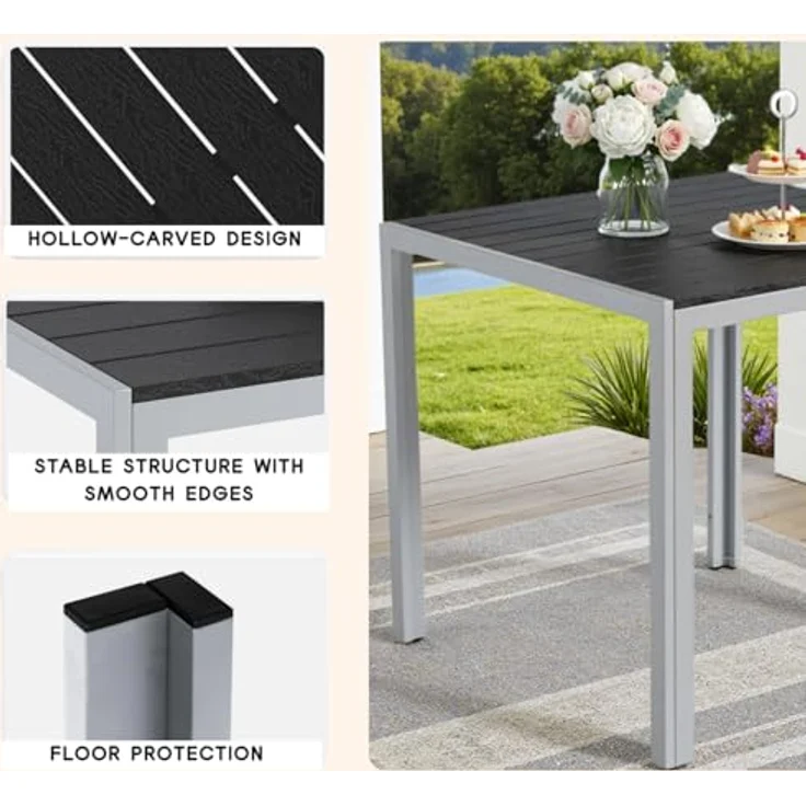 Clevich Gartentisch Wetterfeste, 75x75 cm, Outdoor-Esstisch, WPC-Balkontisch, Aluminiumrahmen, Wetterfeste Gartenmöbel, quadratischer Terrassentisch, Silber Grau – Bild 5