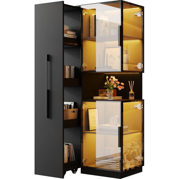 Vitrinenschrank 70 x 38 x 160 cm in Schwarz mit Glasfront, Ausziehregalen und LED-Beleuchtung – Bild 2