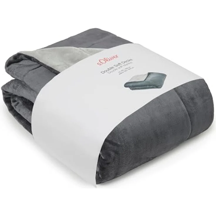 s. Oliver zweifarbige Kuscheldecke 150x200 cm - doppellagige Dicke Wendedecke grau hellgrau, leicht glänzende Flanell Decke super weicher Griff und angenehm warm – Bild 2