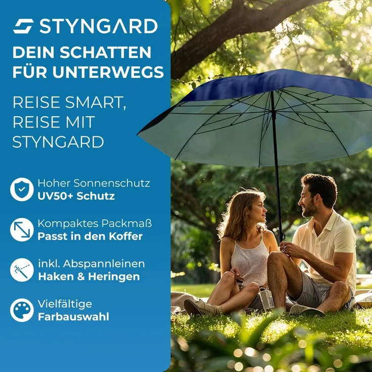 Styngard Sonnenschirm Reise Sonnenschirm Nizza, LxB: 180,00x155,00 cm, mit UV Schutz 50+ - Strandschirm Sonnenschirm Strand mit Abspannleinen – Bild 7