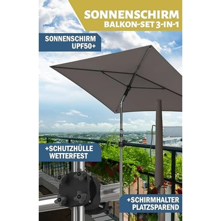 Menz Sonnenschirm Balkon - 3-IN-1 Sonnenschutz Balkon SET in Taupe, UPF 50+ Sonnenschirm rechteckig 200x125 cm + stabiler Sonnenschirmhalter Balkongeländer + Sonnenschirmhülle – Bild 2