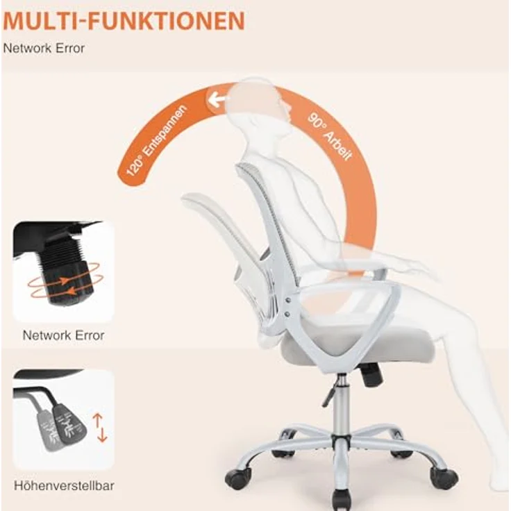 Sweetcrispy Bürostuhl Ergonomisch, Schreibtischstuhl mit Lendenwirbelstütze, Verstellbaren Armlehnen Drehstuhl, Höhenverstellbarer Office Chair, Bürostühle Geeignet für Büro und Schlafzimmer (Grau) – Bild 6