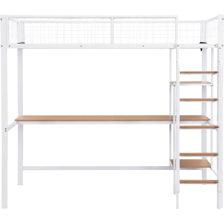 Etagenbett 90×200 cm mit Rausfallschutz, Schreibtisch und Regalen, Weiß/Natur, ohne Matratze – Bild 4