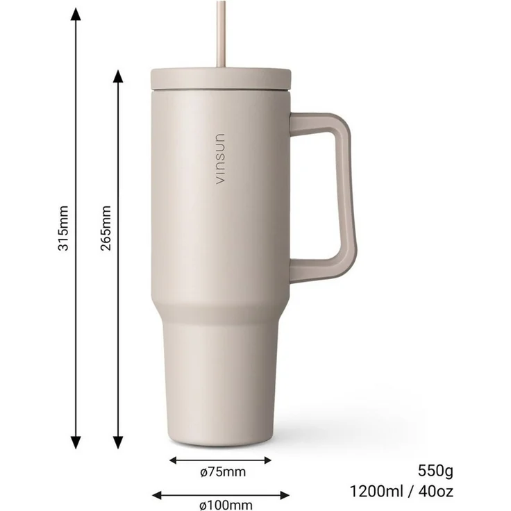 Vinsun Thermobecher Edelstahl Tumbler 1200ml 40oz - Isolierbecher mit Strohhalm und Henkel, 5-tlg, Edelstahl, Doppelwandig isoliert, BPA frei, bruchfest, Kalt- und Heißgetränke – Bild 2